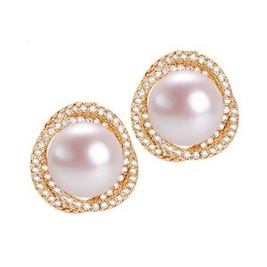 9mm White Freshwater Pearl 14K Gold Plated 925 Sterling Silver Stud Earrings